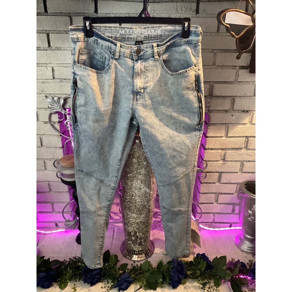 Modern Culture Mens Light Wash Slim Moto Jeans Blue Acid Wash Denim Zippers